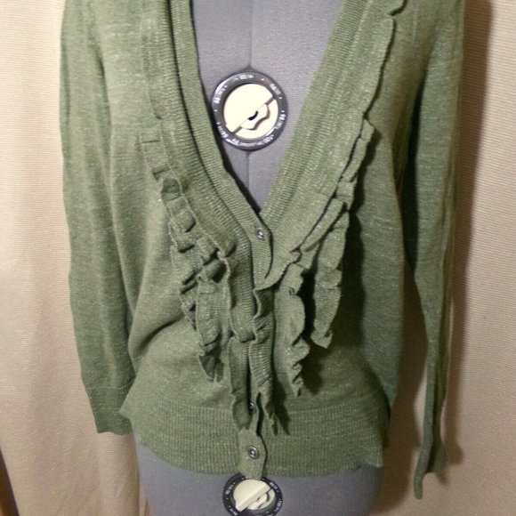 EDDIE BAUER Cardigan sweater S Olive Green Ruffled V-neck Tight-knit Long sleeve - Picture 3 of 9